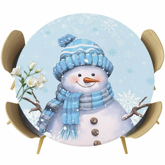 Blue Snowman Christmas Fitted Tablecloth with Elastic Edged, Round Table Cloth for Dining Table, Snowflake Xmas Winter Waterproof Oil Proof Table Cover for Indoor Outdoor 55"-60"
