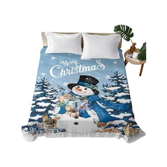 Blue Snowman Christmas Flat Sheet Only Twin Size, Soft Breathable Bed Top Sheets for Mattress, Xmas Snowflake Gifts Winter Elk Luxury Bedding Flat Sheets for Home Hotel Bedroom Bed Protection