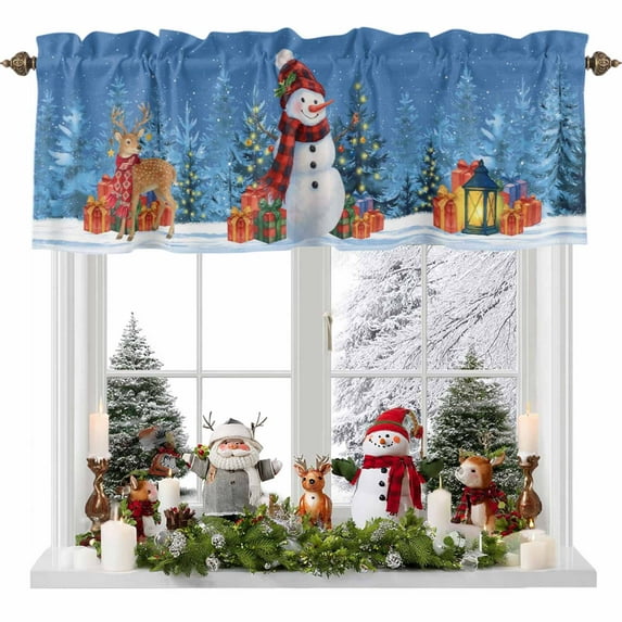 Blue Snowman Christmas Gift Valances for Windows, 54 x 18in, Xmas Tree Winter Snowflake Elk Rod Pocket Kitchen Valance Curtain Light Filtering Window Treatments for Living Room Bedroom, 1 Panel