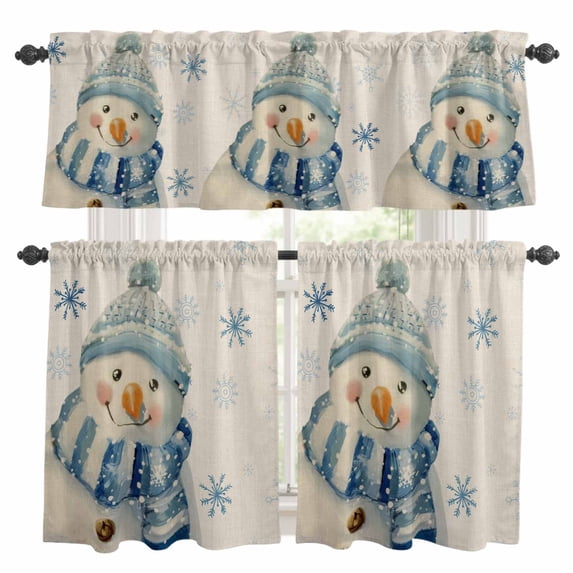 Blue Snowman Christmas Kitchen Curtains Sets for Windows 24 Inch Length, Xmas Snowflake Rustic Rod Pocket Window Treatments Tier Curtains and Valances Set for Bedroom/Bathroom