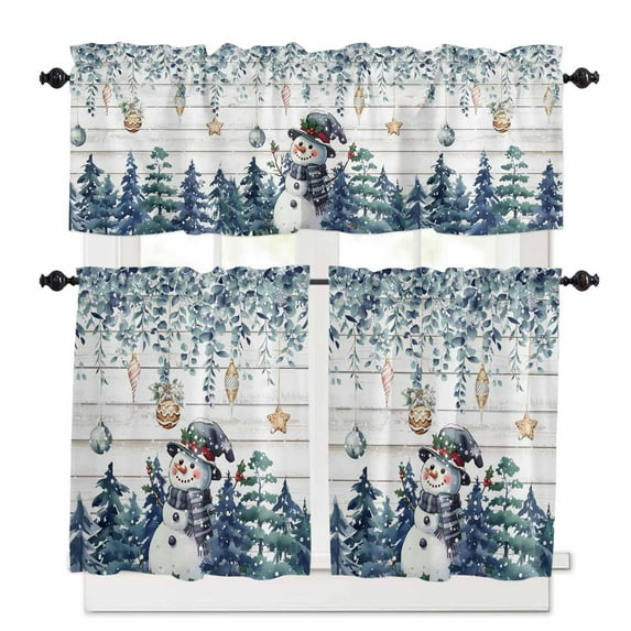 Blue Snowman Christmas Kitchen Curtains and Valances Set, Eucalyptus Xmas Tree Balls Vintage Rod Pocket Window Valance Window Curtain Panels for Living Room Bedroom Laundry, 27.5x24in, 3 Pieces