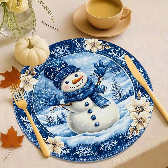 Blue Snowman Christmas Placemat 7.87 Inch Round Non Slip Polyester Holiday Table Mat with Winter Snowflake Design for Dining Room Kitchen Festive Decor Clearance