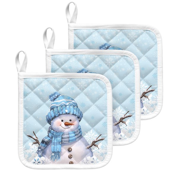 Blue Snowman Christmas Pot Holders for Kitchen Heat Insulation Potholder, Snowflake Xmas Winter Kitchen Pot Holders Sets Washable Oven Hot Pads Cloth Trivet for Cooking Baking 3 Pack