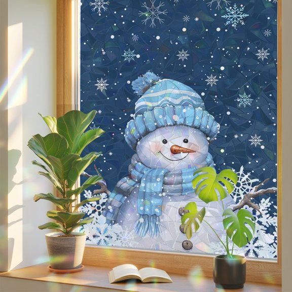 Blue Snowman Christmas Privacy Window Film, Decorative Stained Glass Window Film, Xmas Winter Snowflake Navy Blue Resuable Rainbow Static Cling for Home Bathroom Living Room Glass Door 17.7"x39.3"