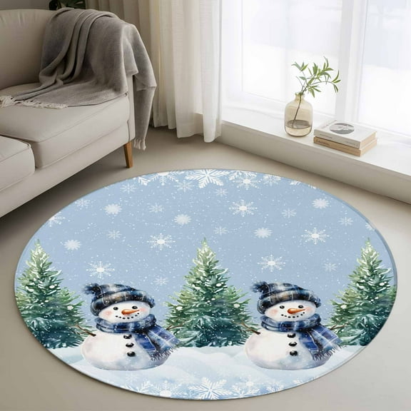Blue Snowman Christmas Round Area Rug 4 FT, Non Slip Indoor Outdoor Rug, Snowflake Green Xmas Tree Washable Soft Circular Carpet Non-Shedding Floor Mat for Coffee Table Nursery Foyer Balcony
