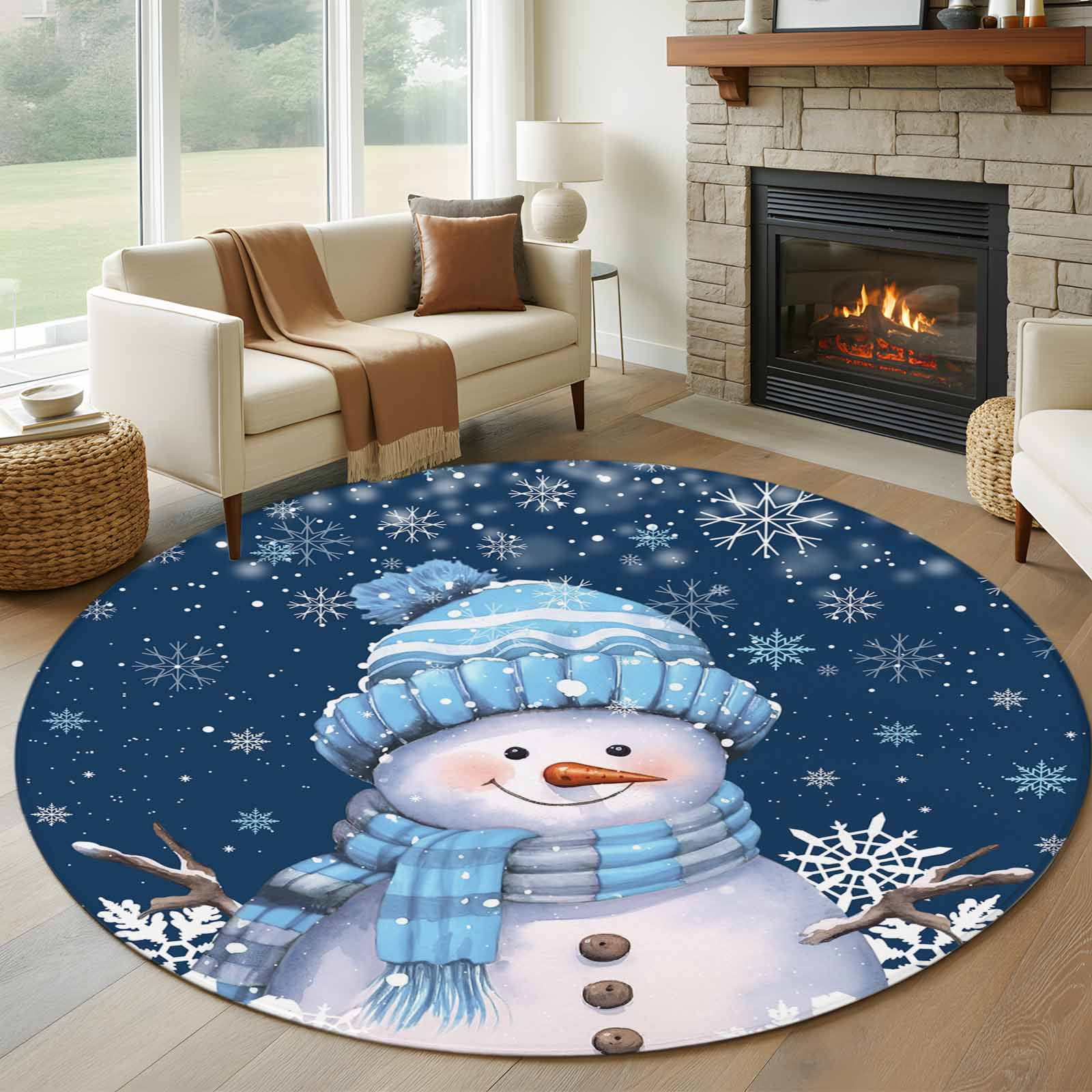 Round Blue Snowflake Rug Blue Snowman Christmas Round Area Rug 6 FT, Non Slip Bedroom Area Rug ...