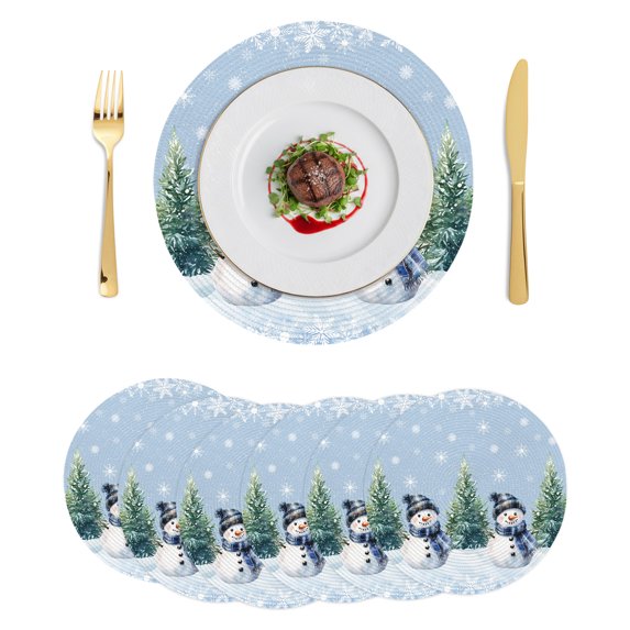 Blue Snowman Christmas Round Placemats Set of 6, Braided Polypropylene Place Mats, Snowflake Green Xmas Tree Washable Table Mats for Kitchen Dinner Holiday Wedding Party Coffee Table Decoration 15"