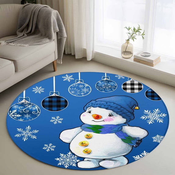 Blue Snowman Christmas Round Rug 3ft Washable Circle Entryway Rugs Non Slip Xmas Ball Snowflake Winter Area Rug Indoor Floor Carpet for Bedroom Kitchen Living Room Home Office Dining Room Nursery