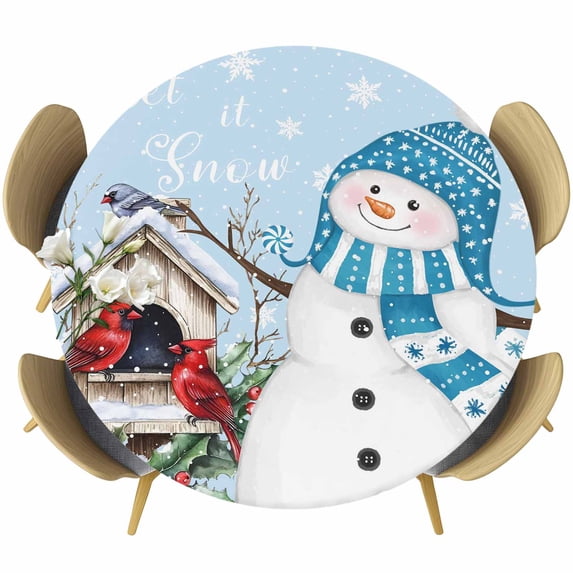 Blue Snowman Christmas Round Tablecloth, Fitted Table Cover with Elastic for 45"-54" Round Tables, Xmas Snowflake Birds Berry Winter Table Cloth Outdoor Indoor Dinning Party Waterproof Tablecloths