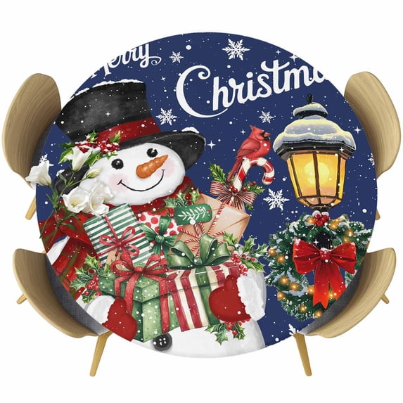Blue Snowman Christmas Round Tablecloth, Fitted Table Cover with Elastic for 55"-60" Round Tables, Xmas Snowflake Botanical Table Cloth Outdoor Indoor Dinning Party Waterproof Tablecloths