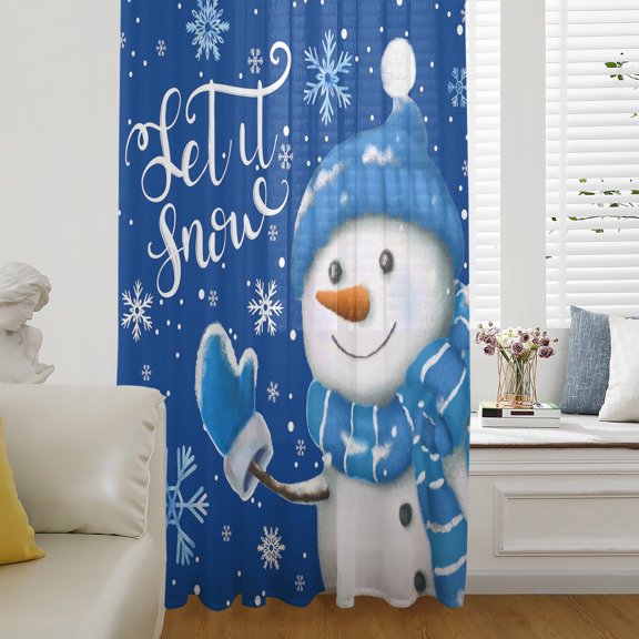 Blue Snowman Christmas Sheer Curtains 54 Inch Length, Light Filtering Voile Curtain Panel, Xmas Winter Snowflake Let Snow Rod Pocket Drapes Window Treatments for Living Room Bedroom 52"x54"