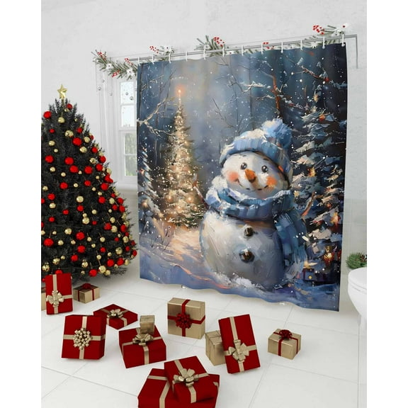 Blue Snowman Christmas Shower Curtain, Xmas Snowflake Oil Painting Waterproof Washable Boho Funny Cute Shower Curtains Set for Bathroom Farmhouse Bathtubs Decor with Hook, 72"Wx72"L