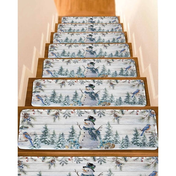 Blue Snowman Christmas Stair Treads for Wooden Steps Indoor Runner Rug Carpet, Xmas Tree Snowflake Gifts Wooden 4 Pieces Peel and Stick Staircase Step Treads Covers Washable Throw Door Mats, 30"x8"