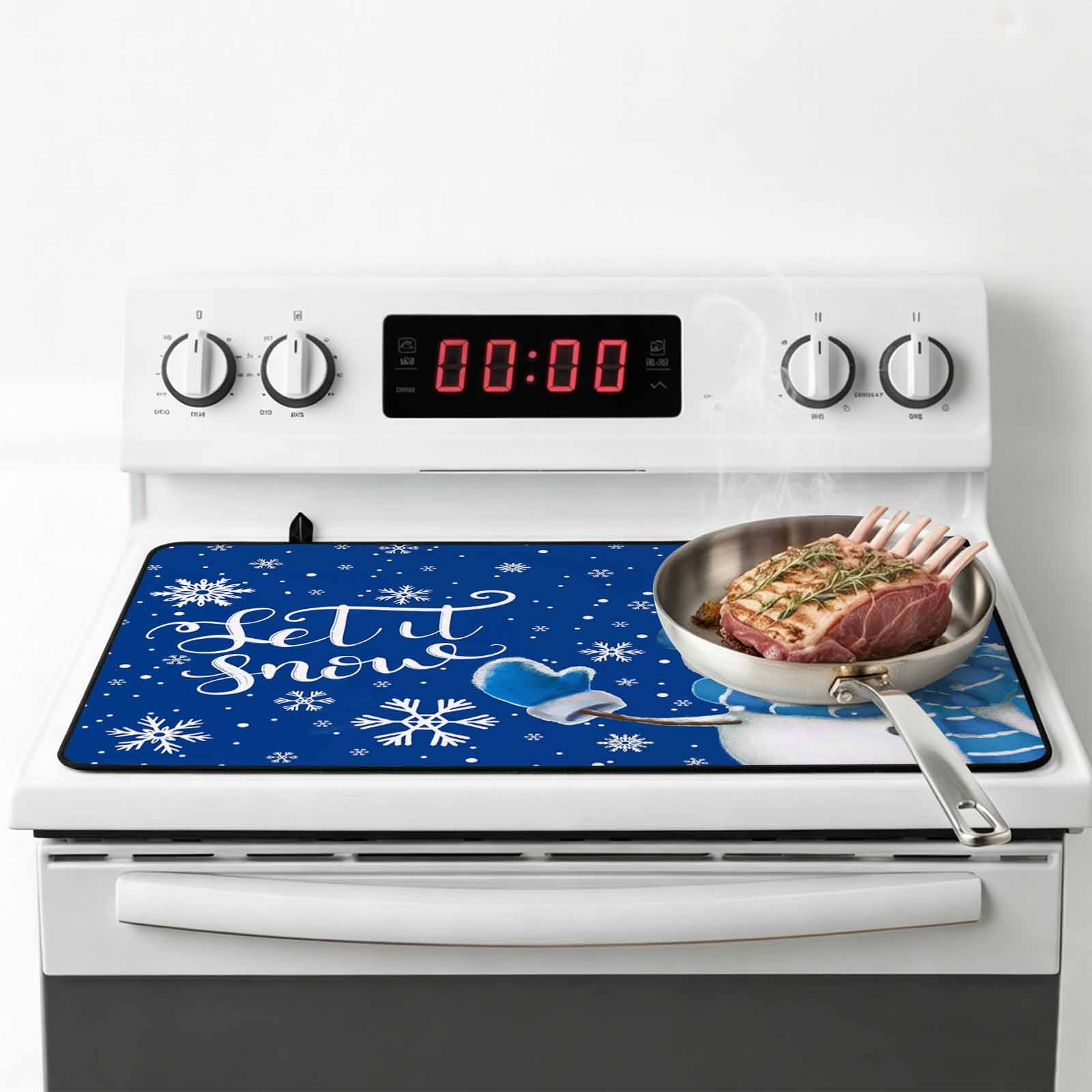 Blue Snowman Christmas Stove Top Cover for Electric Stove, Heat-proof & Non Slip Glass Top Stove Cover Protector, Xmas Winter Snowflake Let Snow Kitchen Flat Cooktop Rubber Mat 24x21 Inches