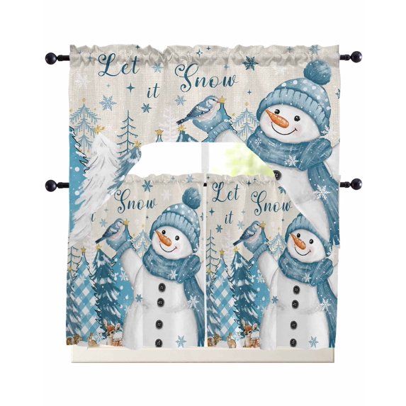 Blue Snowman Christmas Swag Curtains for Living Room/Bedroom Windows, Xmas Tree Snowflake Winter Rustic Elk Kitchen Curtains and Valances Set 36 Inch Length, Swags Valance Curtain Panels
