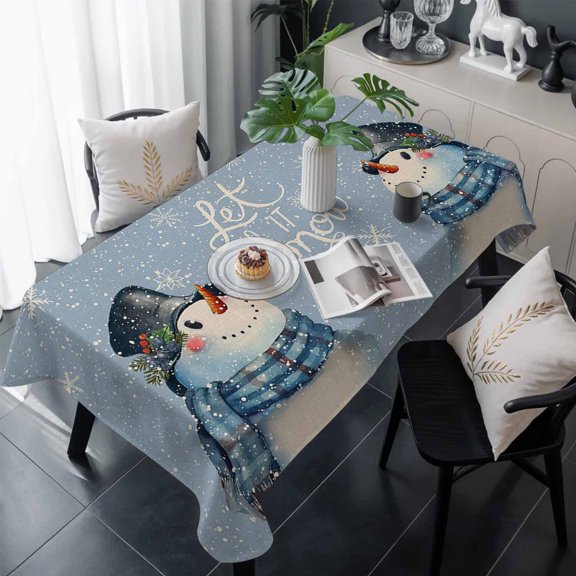 Blue Snowman Christmas Table Cloth Waterproof Tablecloths, Let Snow Xmas Winter Snowflake Tablecloth Dining Table Cover for Kitchen Party Tabletop Outdoor, Rectangle Tablecloth 60x120 Inch
