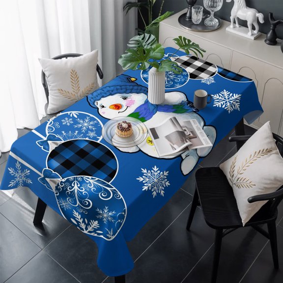 Blue Snowman Christmas Table Cloth Waterproof Tablecloths, Xmas Ball Snowflake Winter Tablecloth Dining Table Cover for Kitchen Party Tabletop Outdoor, Rectangle Tablecloth 60x120 Inch