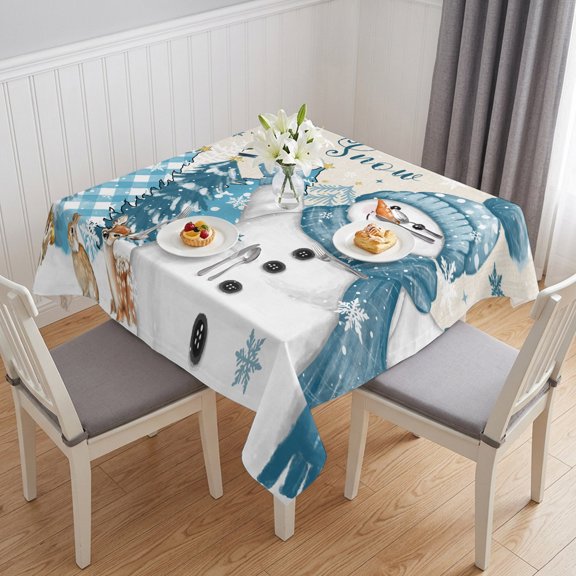 Blue Snowman Christmas Table Cloth Waterproof Tablecloths, Xmas Tree Snowflake Winter Rustic Elk Tablecloth Dining Table Cover for Kitchen Party Tabletop Outdoor, Square Tablecloth 54x54 Inch