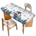 thumbnail image 1 of Blue Snowman Christmas Table Cloths for 3 Foot Rectangle Tables, Xmas Snowflake Eucalyptus Leaves Wooden Patio Waterproof Elastic Fitted Tablecloths, Washable Rectangular Table Cover for Camping, 1 of 8
