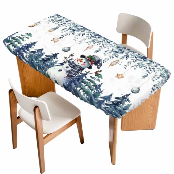 Blue Snowman Christmas Table Cloths for 4 Foot Rectangle Tables, Green Eucalyptus Leaves Xmas Tree Patio Waterproof Elastic Fitted Tablecloths, Washable Rectangular Table Cover for Camping