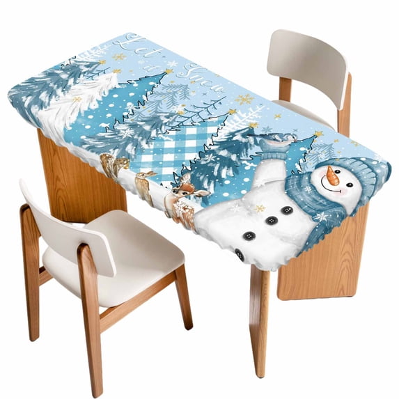 Blue Snowman Christmas Table Cloths for 4 Foot Rectangle Tables, Xmas Tree Snowflake Winter Elk Patio Waterproof Elastic Fitted Tablecloths, Washable Rectangular Table Cover for Camping