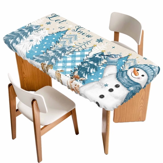 Blue Snowman Christmas Table Cloths for 6 Foot Rectangle Tables, Xmas Tree Snowflake Winter Rustic Elk Patio Waterproof Elastic Fitted Tablecloths, Washable Rectangular Table Cover for Camping