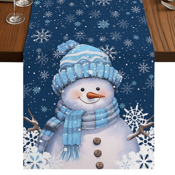 Snowflake Table View Blue Snowman Christmas Table Runner 120 Inches Long, Cotton Linen Table ...