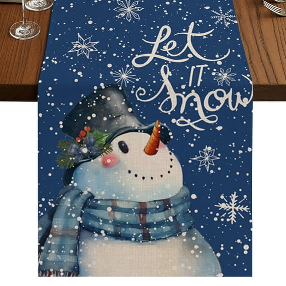 Blue Snowman Christmas Table Runner 36 Inches Long, Cotton Linen Table Runner Dresser Scarf, Xmas Winter Snowflake Watercolor Short Fabric Tablerunners for Dining Tables Wedding Holiday Party 13"x36"