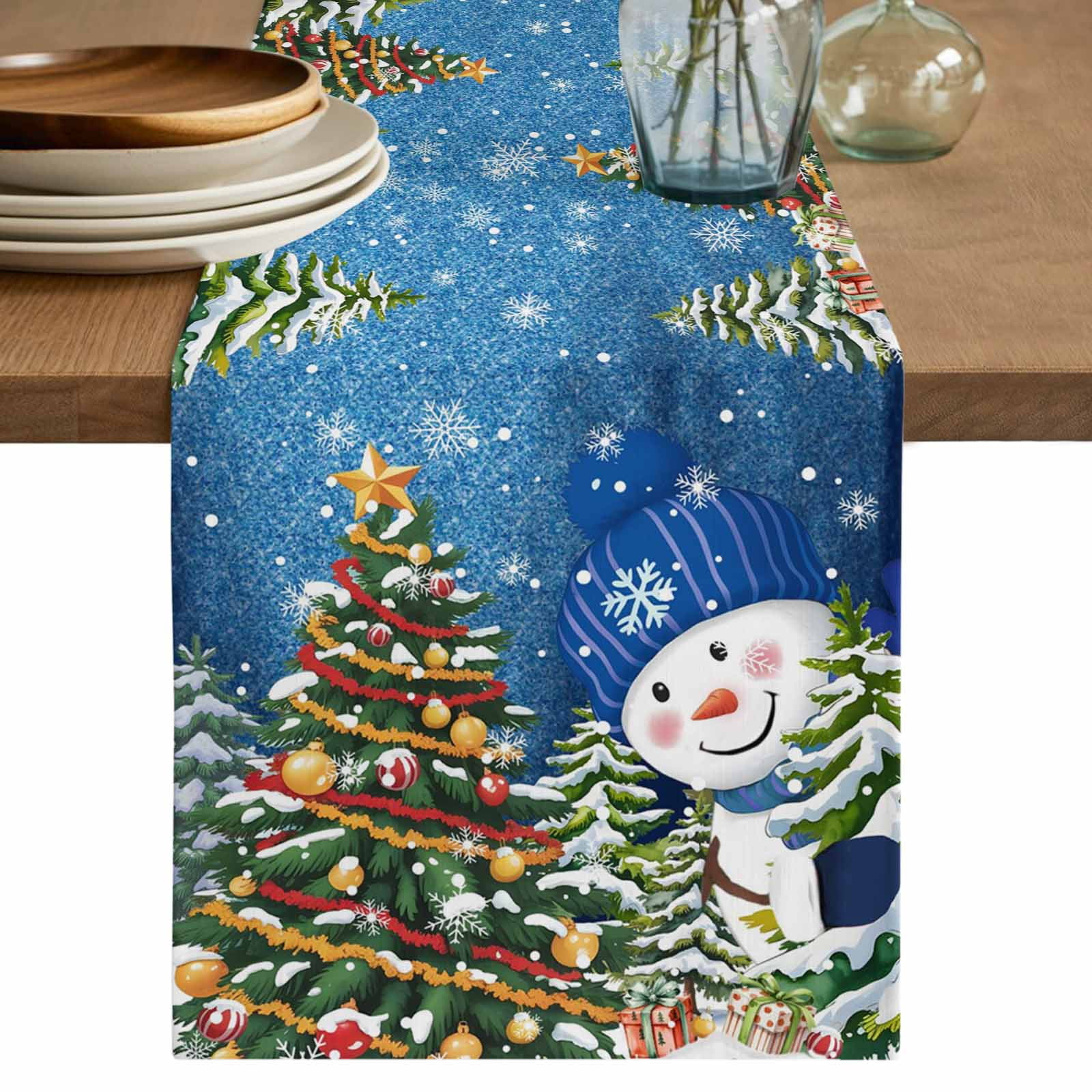 Snow Table Runner Blue Snowman Christmas Table Runner 60 Inches, Xmas Tree Ball Snowflake ...