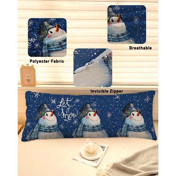 Blue Snowman Christmas Throw Pillow Covers, Xmas Winter Snowflake Watercolor Soft Breathable Pillow Cases with Zipper for Sleeping, Long Body Pillowcases for Couch Bed Sofa Chair 20x60 Inches