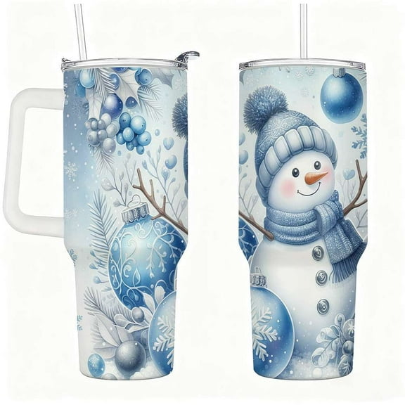 Blue Snowman Christmas Tumbler with Lid and Straw, Winter Holiday Insulated Travel Cup