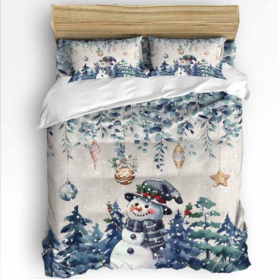 Blue Snowman Christmas Twin Size Comforter Set, Eucalyptus Xmas Tree Balls Rustic Soft Bedding for All Seasons, 4 Pcs Bed Set with 1 Comforter (68"x86") ,1Sheet(66"x116"), 2 Pillowcases (19"x29")