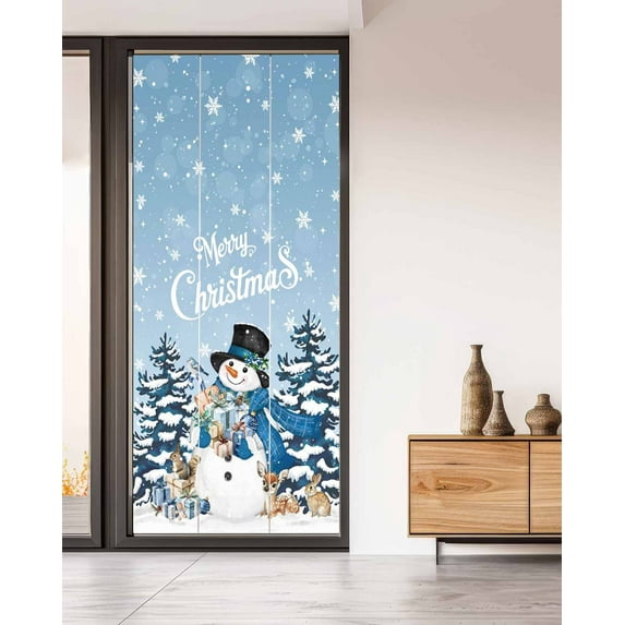 Blue Snowman Christmas Window Privacy Film Stained Glass Window Film Decorative Windows Cover Static Windows Cling for Glass Door Xmas Snowflake Gifts Winter Elk Stickers for Bathroom 35.4"x78.7"