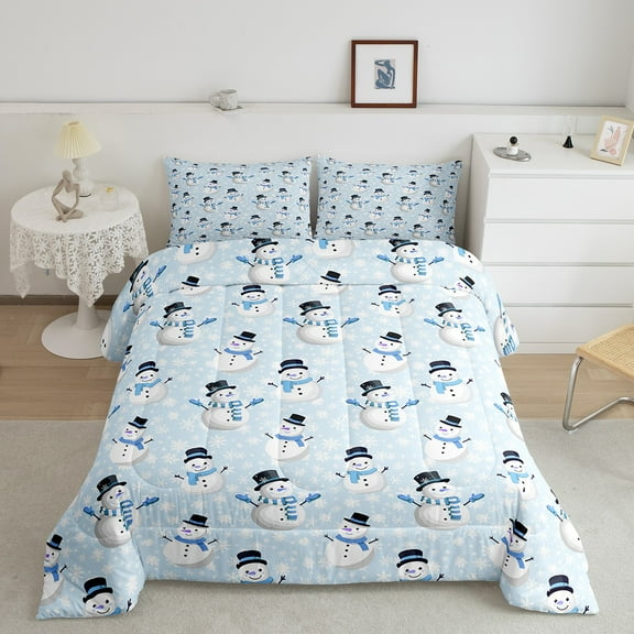 Blue Snowman Comforter Set King Size,White Snowflake Bedding Sets,Christmas Quilt Set Teens,Cartoon Gingerbread Deer Candy Reversible Print Duvet Insert,2 Pillowcases