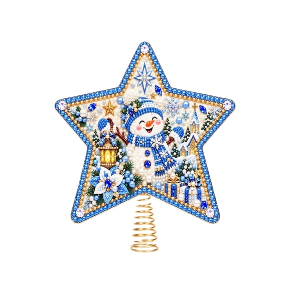 Blue Snowman Diamond Art Style Star Topper, Jewel-Like Winter Village Scene for Christmas Tree and Seasonal Home Display, Plastic