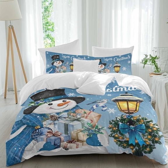 Blue Snowman Duvet Cover Set Full Size, Christmas Winter Wreath Snowflake Xmas 4 Piece Bedding Set with Zipper Closure & Corner Ties Soft Breathable Comforter Cover for Bedroom