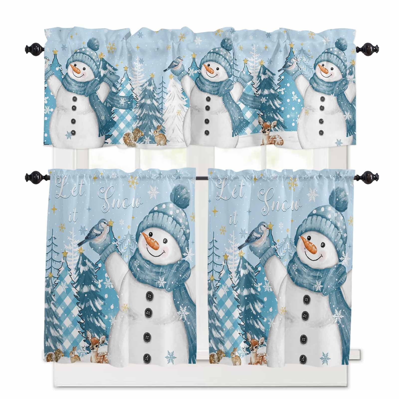 Christmas Hat Valances For Windows Scarf Snowman Rabbit Pine Leaf Snow Wood Grain Rod Pocket Curtain Valance Window Treatment Short Curtains Kitchen Livi
