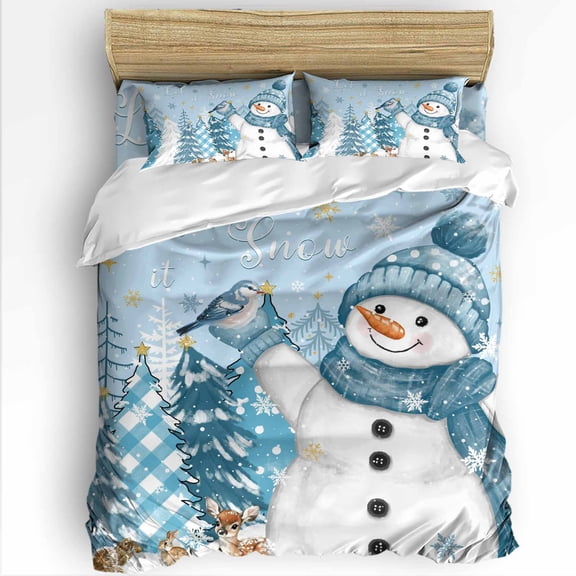 Blue Snowman Queen Size Comforter Set, Christmas Let Snow Pine Trees Bird Snowing Winter Bedding for All Seasons, 4 Pcs Bed Set with 1Comforter (90"x92") ,1 Sheet(94"x116"), 2 Pillowcases (19"x29")