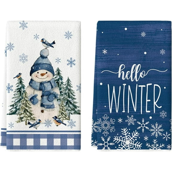 Blue Snowman Snowflake Bird Hello Winter Kitchen Towels Dish Towels, 16x24 Inch Farmhouse Holiday Decoration Cleaning Set of 2
