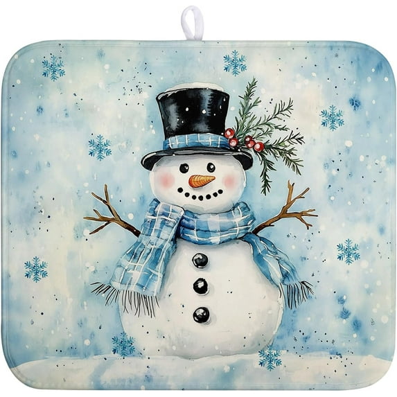 Blue Snowman Snowflake Christmas Dish Drying Rack - 16x18 Inch Absorbent Microfiber Mat for Home Coffee Bar