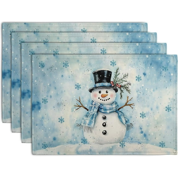 Blue Snowman Snowflake Winter Placemats Set of 4 Seasonal Christmas Linen Table Mats 12x18 Inch Xmas Holiday Snow Farmhouse Rustic Washable Place Mats for Party Kitchen Dining Outdoor Indoor Decor