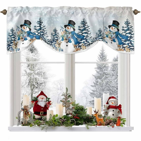 Blue Snowman Tie Up Valances Curtain, Christmas Tree Winter Snowflake Grey Elk Rabbit Adjustable Rod Pocket Short Window Treatment Tie Up Curtains Valances for Kitchen Living Room Bathroom 54x18 In