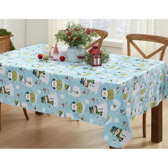Blue Snowy Snowman Christmas Print 52 x 52 inch Square Vinyl Flannel Back Dining Tablecloth