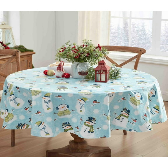 Blue Snowy Snowman Christmas Print 60 x 84 inch Oval Vinyl Flannel Back Dining Tablecloth
