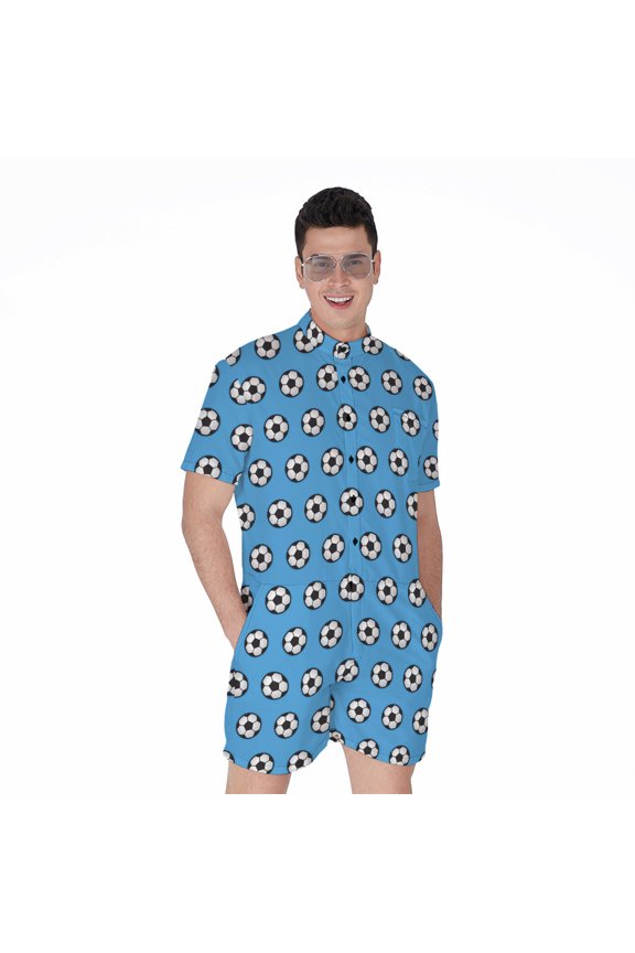 Blue Soccer Ball Pattern Short Sleeve Men'S Rompers Casual Summer Jumpsuits Outfit