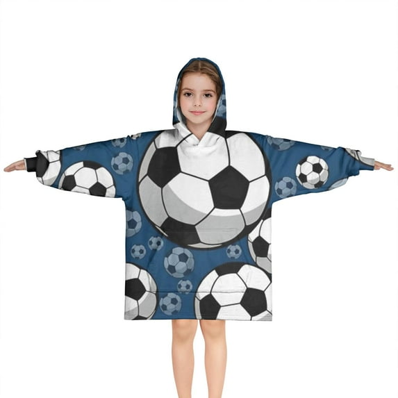 Blue Soccer Balls Pattern Blanket Hoodies for Kids 6-13YR Oversize Wearable Blanket Hoodies for Boys Girls Teens