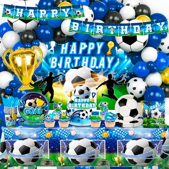 168pcs Soccer Birthday Party Decorations & Soccer Party Tableware Set- Soccer Birthday Party Plates Tablecloth Backdrop Balloon etc Soccer Themed Party Decorations for Boys/Kids(Blue)