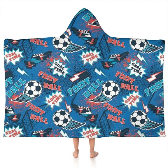Blue Soccer Elements Pattern Hooded Bath Towel，50"x30" for Ages 3 To 12 Kids, Quick Dry Lightweight Soft Microfiber Hood Beach Towel Cover Up for Kids