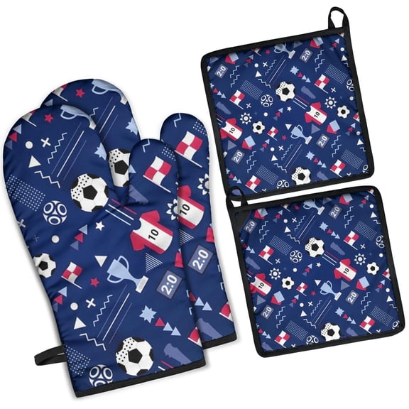 Blue Soccer Elements Pattern Kitchen Oven Mitt and Pot Holder Sets 2 Pcs for Baking, Cooking and Grilling, Heat Resistant Up To 392 °F