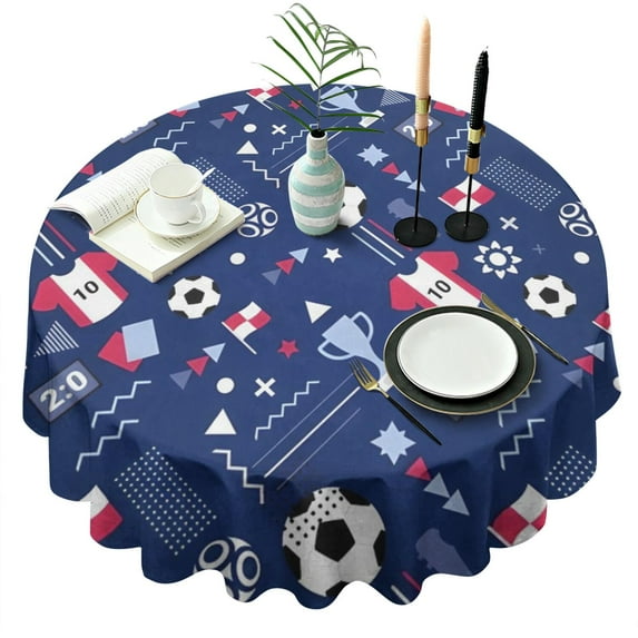 Blue Soccer Elements Pattern Round Tablecloth 60"x60",Wrinkle Wipeable Table Cloth for Kitchen Dining Room Picnic Patio Party